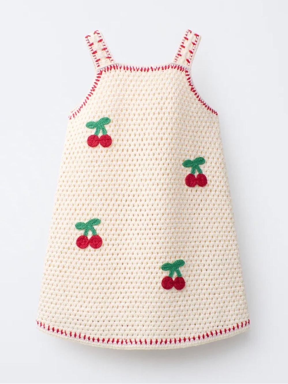 Zara Cream Crochet Cherry Sundress with Red Trim